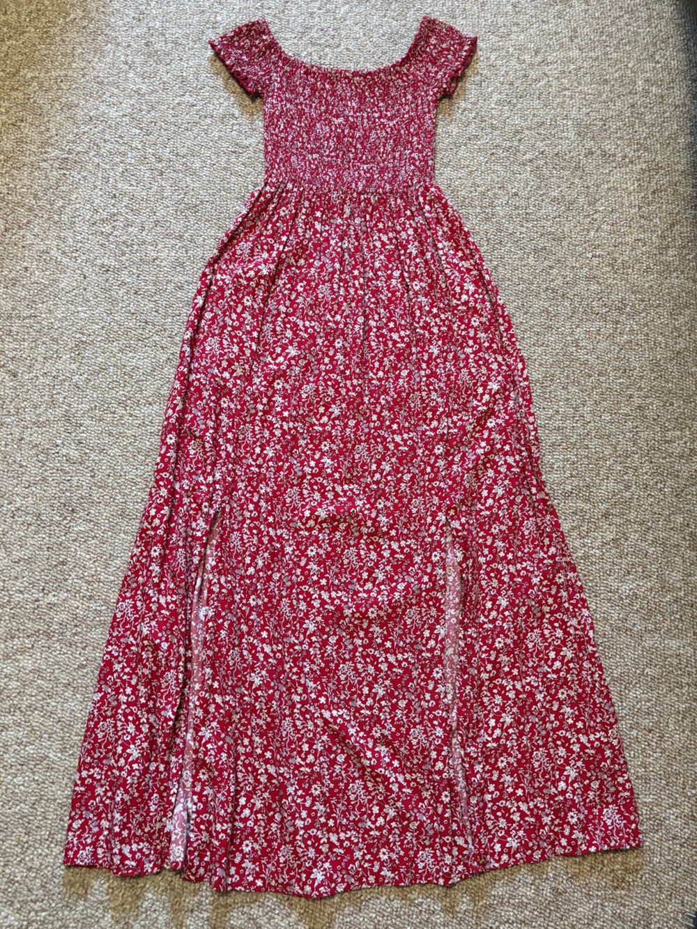 Smocked Off-Shoulder Red Floral Maxi Dress